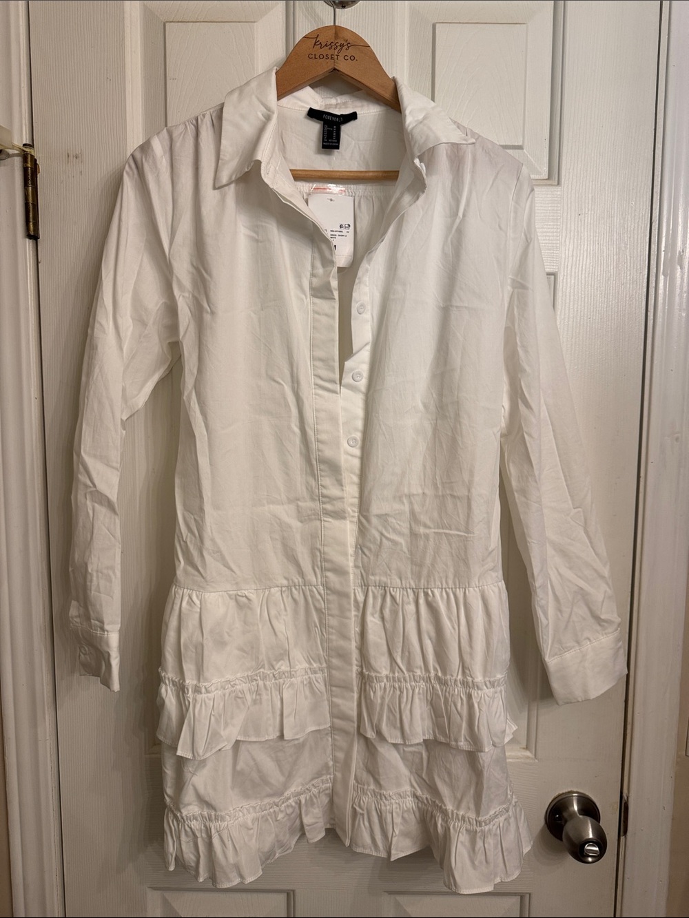 Forever 21 White Long Sleeve Ruffle Tiered Shirt Dress